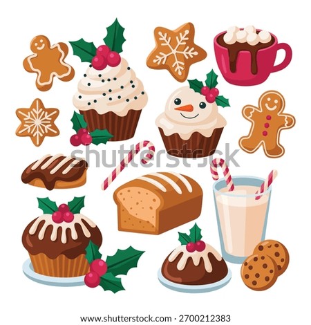 Christmas food vector set featuring festive holiday dishes including roasted turkey, gingerbread cookies, sweet desserts, pies, hot drinks, and seasonal treats — flat design illustration isolated on w