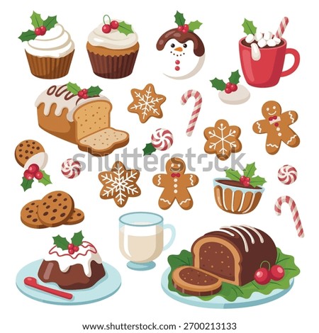 Christmas food vector set featuring festive holiday dishes including ice cream, cheese, juice, desserts, pies, gingerbread, and hot drinks — flat illustration isolated on white background for seasonal
