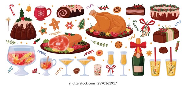 Christmas food. Winter holiday meal, turkey, ham, punch, champagne, xmas pastry, cookies and sweets flat vector illustration set. Festive Christmas food collection