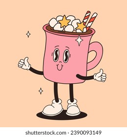 Christmas foods and drinks design with coffee, hot cocoa, cookie, gingerbread, present, christmas tree in trendy retro cartoon style. Character in groovy 50s, 60s, 70s Vintage Style