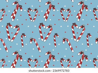 Weihnachtsessen nahtloses Muster. Candy im trendigen Retro-Cartoon-Stil. Frohe Weihnachten und viel Glück im neuen Jahr. Süßkartoffeln