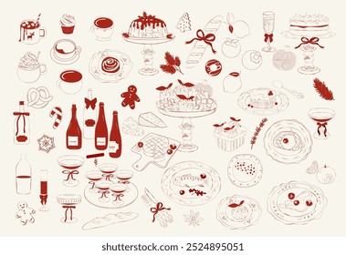 Сollection of Christmas foods, treats and meals. Christmas Holiday Table. Christmas dinner. Drinks and food. Editable Vector Illustration