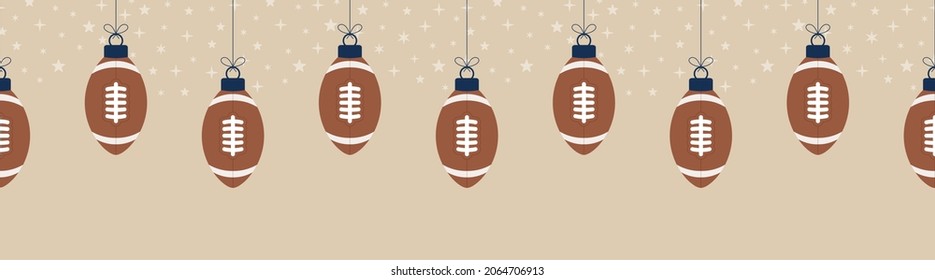 Christmas football seamless horizontal pattern. Hang on a thread flat cartoon as a Christmas rugby ball on horizontal background. Sport Vector illustration.