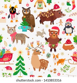 Christmas forest animals pattern. Winter xmas illustration. Floral woodland background with christmas cartoon characters and decoration in flat style. For textile, wallpaper, scrapbooking.