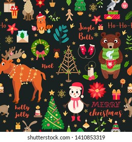 Christmas forest animals pattern. Winter xmas illustration. Floral woodland background with christmas cartoon characters and decoration in flat style. For textile, wallpaper, scrapbooking.