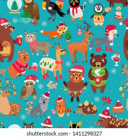 Christmas forest animals pattern. Winter xmas illustration. Floral woodland background with christmas cartoon characters and decoration in flat style. For textile, wallpaper, scrapbooking.