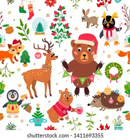 Christmas forest animals pattern. Winter xmas illustration. Floral woodland background with christmas cartoon characters and decoration in flat style. For textile, wallpaper, scrapbooking.