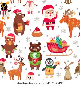 Christmas forest animals pattern. Winter xmas illustration. Floral woodland background with christmas cartoon characters and decoration in flat style. For textile, wallpaper, scrapbooking.