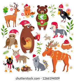 Christmas forest animals set in cartoon style with calligraphy and other elements. Vector illustration. New Year decoration elements collection isolated on white background. Winter holidays