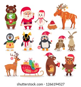 Christmas forest animals set in cartoon style with calligraphy and other elements. Vector illustration. New Year decoration elements collection isolated on white background. Winter holidays