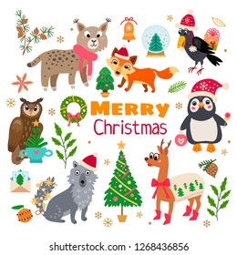 Christmas forest animals set in cartoon style with calligraphy and other elements. Vector illustration. New Year decoration elements collection isolated on white background. Winter holidays