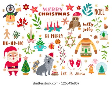 Christmas forest animals set in cartoon style with calligraphy and other elements. Vector illustration. New Year decoration elements collection isolated on white background. Winter holidays