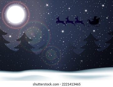 Christmas forest. Background with bright moon Santa and deer flies across the sky. Vector.