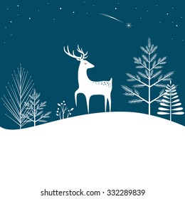 Fondo del bosque de las Navidades con el ciervo y la estrella que cae