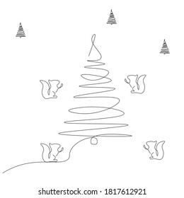 Christmas forest background with tree and squirrels, vector illustration