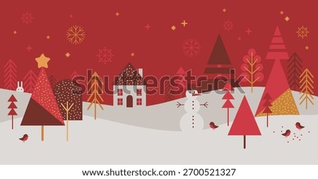 Christmas forest banner with snowman, pine trees and tiny house. Minimalist skandi style flat vector illustration