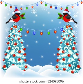 Christmas forest and bullfinches in Santa Claus hat with lantern garland