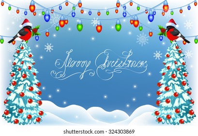 Christmas forest and bullfinches in Santa Claus hat with lantern garland
