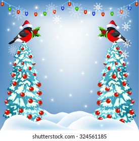 Christmas forest and bullfinches in Santa Claus hat with lantern garland