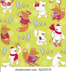 Christmas forest with cartoon fox and bear
