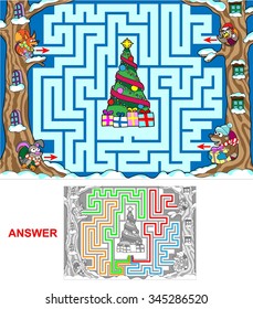 Christmas in the forest. Help animals to find a correct way to reach the Christmas tree. Labyrinth for kids (landscape).