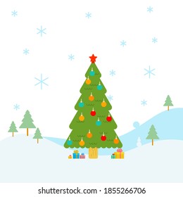Christmas forest landscape. Festive Christmas tree in forest
