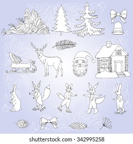  Christmas in forest. Set for Christmas decoration. Hand drawn elements for holidays. Vector illustration