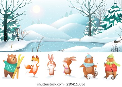 Christmas forest and snowy nature background illustration. Animals party, skiing and skating having fun in winter. Separate cute animals clipart for forest wallpaper. Vector in watercolor style. 