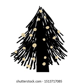 Christmas forest tree fir-tree icon. Simple doodles black white illustration in scandinavian style for design and decoration textile, covers, package, wrapping pape. Vector isolated