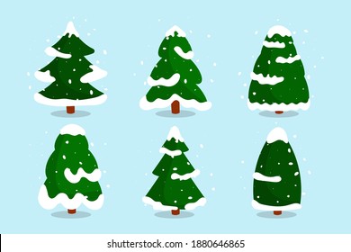 Christmas forest trees with snow flat set. Green snowy fir-tree of different shapes in cartoon style. Spruce as traditional element, symbol New Year holiday winter season. Isolated vector illustration