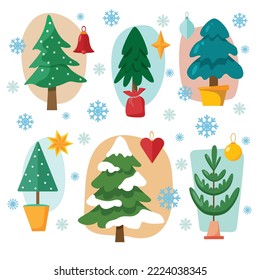 Christmas forest trees with snow flat set. Green snowy fir tree of different shapes in flat style Spruce tree as a traditional element symbol of new year festive winter season vector illustration