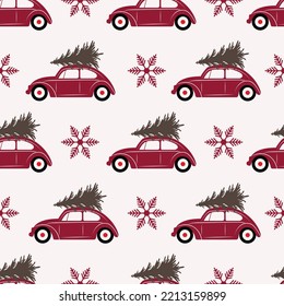 Motif de création harmonieux vectoriel de la fourgonnette de Noël et de la voiture. répétition du motif de conception. Motif de camion de Noël. Motif de conception de la forêt de Noël. 