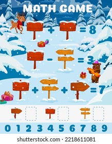 Christmas Forest, Wooden Signs, Cartoon Deer And Bear Characters Math Game Worksheet. Vector Puzzle Quiz Or Counting Riddle With Addition And Subtraction Exercises On Snow Nature Background