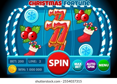 Christmas fortune, Blue SLOT machine interface with Christmas icons. Banner with candy slot machine and Gingerbread 7, berry,coin and Christmas sock slot symbols for your games