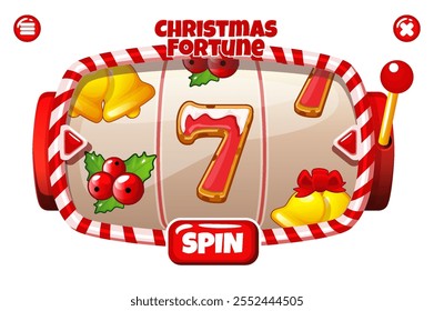 Christmas fortune, SLOT machine interface with Christmas icons. Banner with candy slot machine and Gingerbread 7, berry and golden bells slot symbols for your games