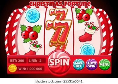 Christmas fortune, SLOT machine interface with Christmas icons. Banner with candy slot machine and Gingerbread 7, berry,coin and Christmas sock slot symbols for your games