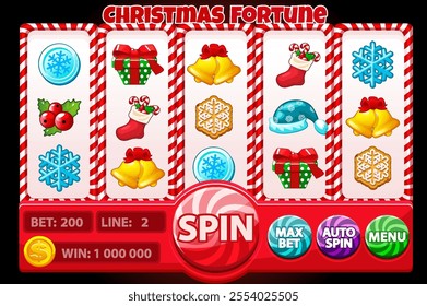 Christmas fortune, SLOT machine interface with Christmas icons. Banner with candy slot machine and gift box,Christmas hat, coin,, berry, snowflake,Christmas sock slot symbols for your games