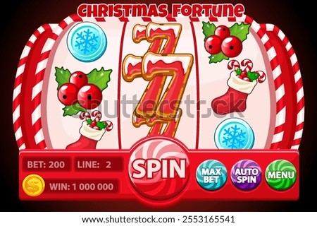 Christmas fortune, SLOT machine interface with Christmas icons. Banner with candy slot machine and Gingerbread 7, berry,coin and Christmas sock slot symbols for your games