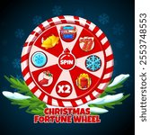 Christmas fortune wheel and set of Christmas icons with Christmas icons. Banner with candy wheel and Gingerbread 7, bells,coin, Christmas sock, treasure chest, and gift box.