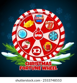 Christmas fortune wheel and set of Christmas icons with Christmas icons. Banner with candy wheel and Gingerbread 7, bells,coin, Christmas sock, treasure chest, and gift box.