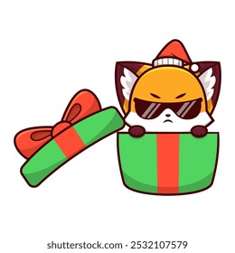 Navidades zorro con expresión enojada en caja de regalo ilustración Vector