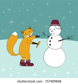 Christmas fox with a carrot in a paw and a snowman waiting for his nose set sparkling sky