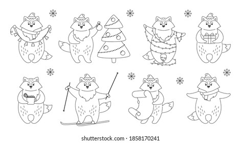 Christmas fox cartoon black linear set. New Year cute red foxes with santa hat, with gift box, skis and santa bag or tree garland. Funny animal character winter celebrate on white background