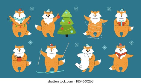 Christmas fox cartoon set. New Year cute red foxes with santa hat, with gift box, skis and santa bag or tree garland. Animal character in different poses. Funny animal winter celebrate dark background
