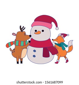 christmas fox and deer with snowman icon over white background, vector illustration