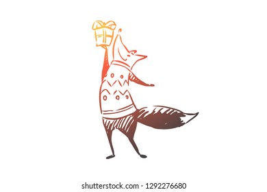 Christmas, fox, gift, greeting, celebration concept. Hand drawn funny fox with Christmas gift concept sketch. Isolated vector illustration.