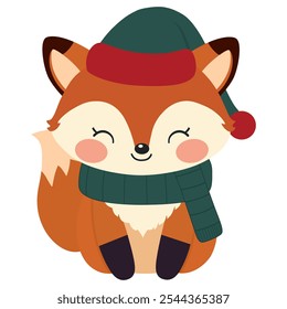 Christmas fox with green hat and green scarf in winter. Graphic element design for Christmas.