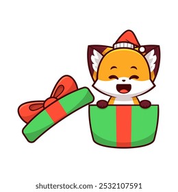 Navidades zorro con expresión feliz en caja de regalo ilustración Vector