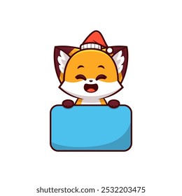 christmas fox with happy expression holding text label