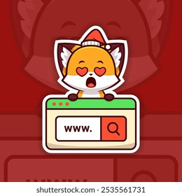 Christmas Fox with Heart-Shaped Eyes Holding a Web Search Icon, Sticker Design Vector